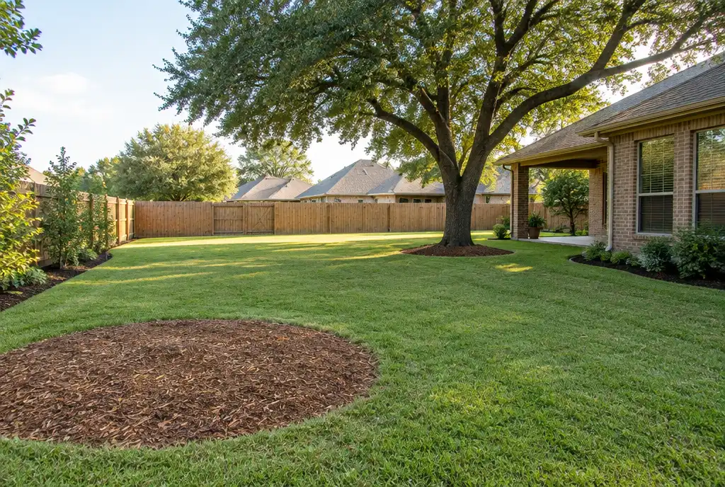 Open backyard with fresh mulch where a tree was removed, live oak nearby